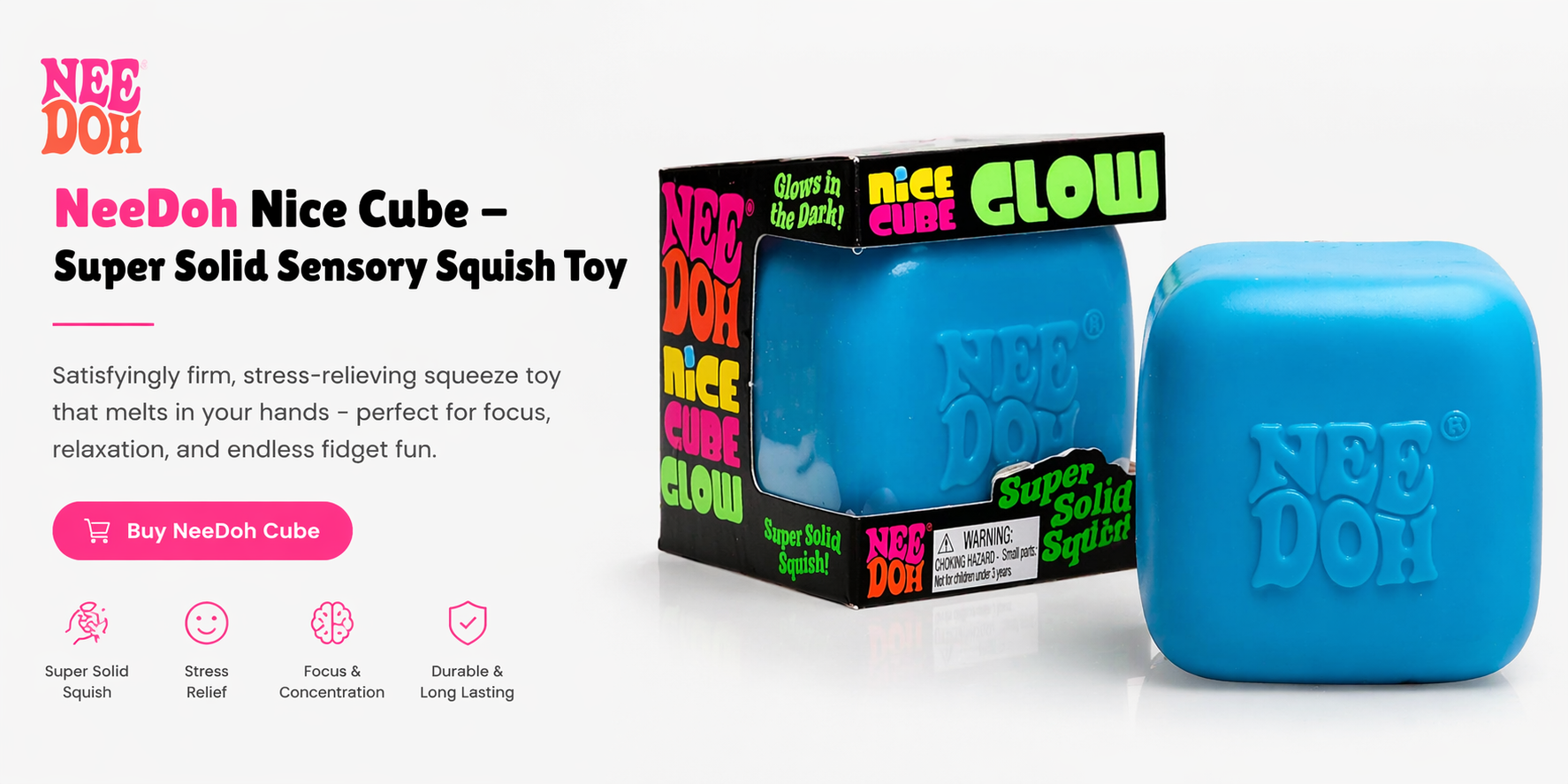 NeeDoh Nice Cube super solid sensory squish toy for stress relief and focus with packaging and blue cube display