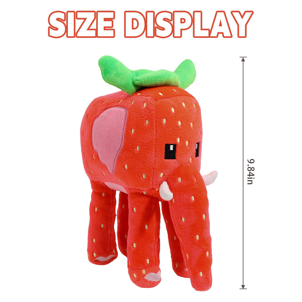 Close-up of the Strawberry Elephant's green leaf hat, white tusks, and seed-patterned fabric texture